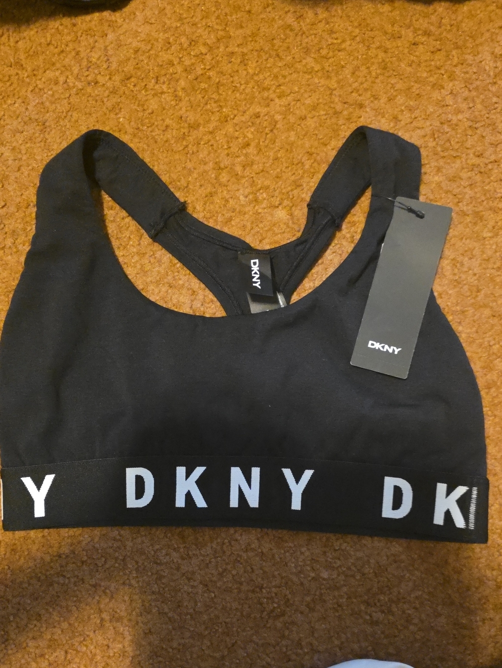 DKNY Black Logo Racerback Bralette with White Band Lettering
